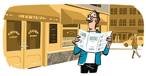 Illustration of a man in business attire holding a newspaper outside a storefront.