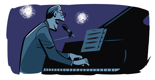 Illustration of a man at a piano with sheet music, singing into a microphone under stage lights.
