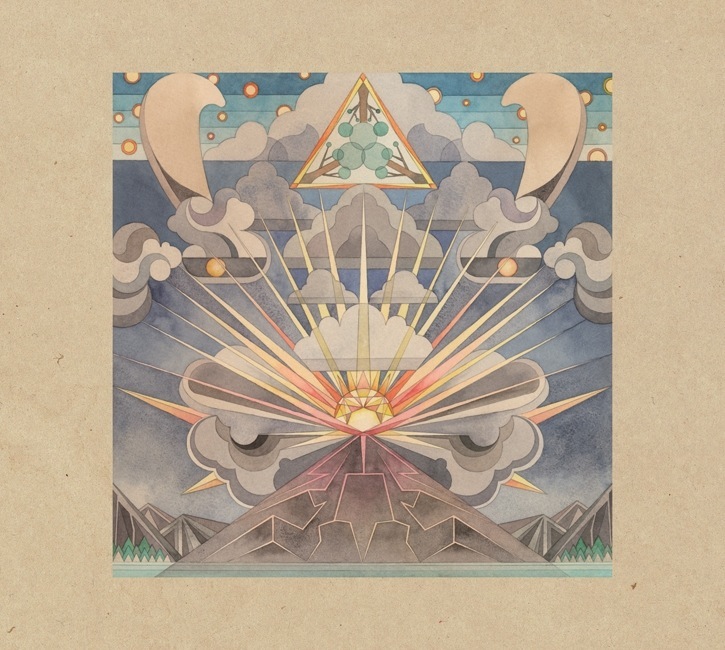 Stylized illustration of a sun rising over mountains with clouds and geometric patterns in muted colors.