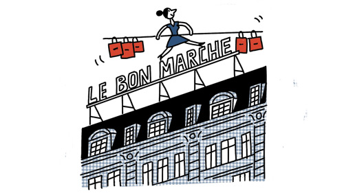 Illustration of Le Bon Marché department store facade with animated sign and holiday display.