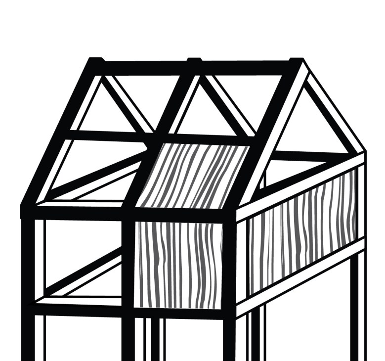 Illustration of a timber frame house structure showing prefabricated wooden posts and beams fitted to embedded steel connectors in concrete core.