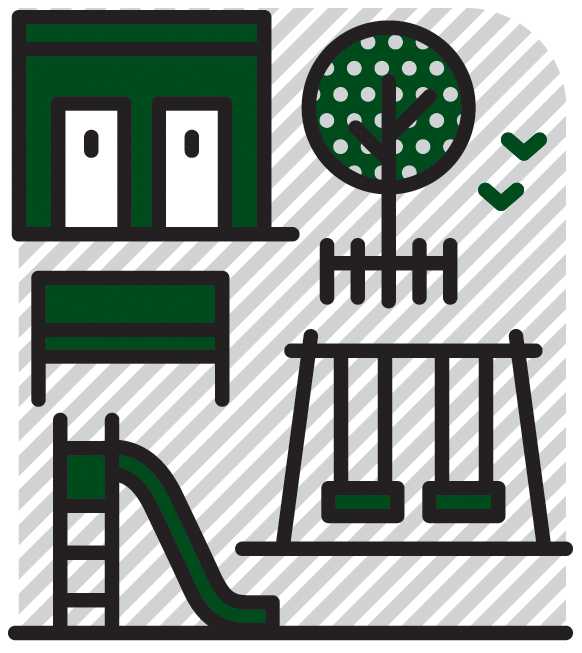 Illustration of a pocket park with a play structure, slide, tree, swings, and bench.