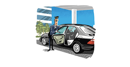 Illustration of a uniformed driver standing beside a black sedan with an open door in front of a modern building.