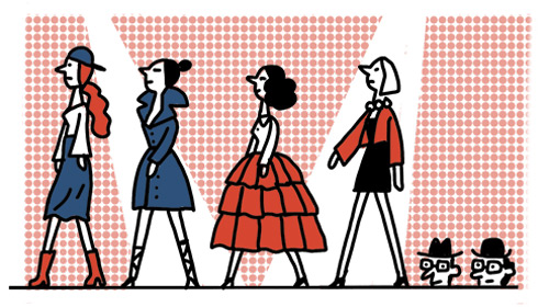 Illustration of four stylized French women in vintage fashion with a red polka dot background.