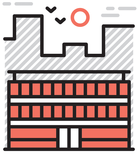 Illustration of a multi-story building with varied architectural features and stepped roofline.