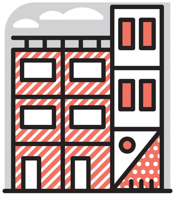 Illustration of a tall, narrow townhouse with red and white striped facade and ground floor retail space.