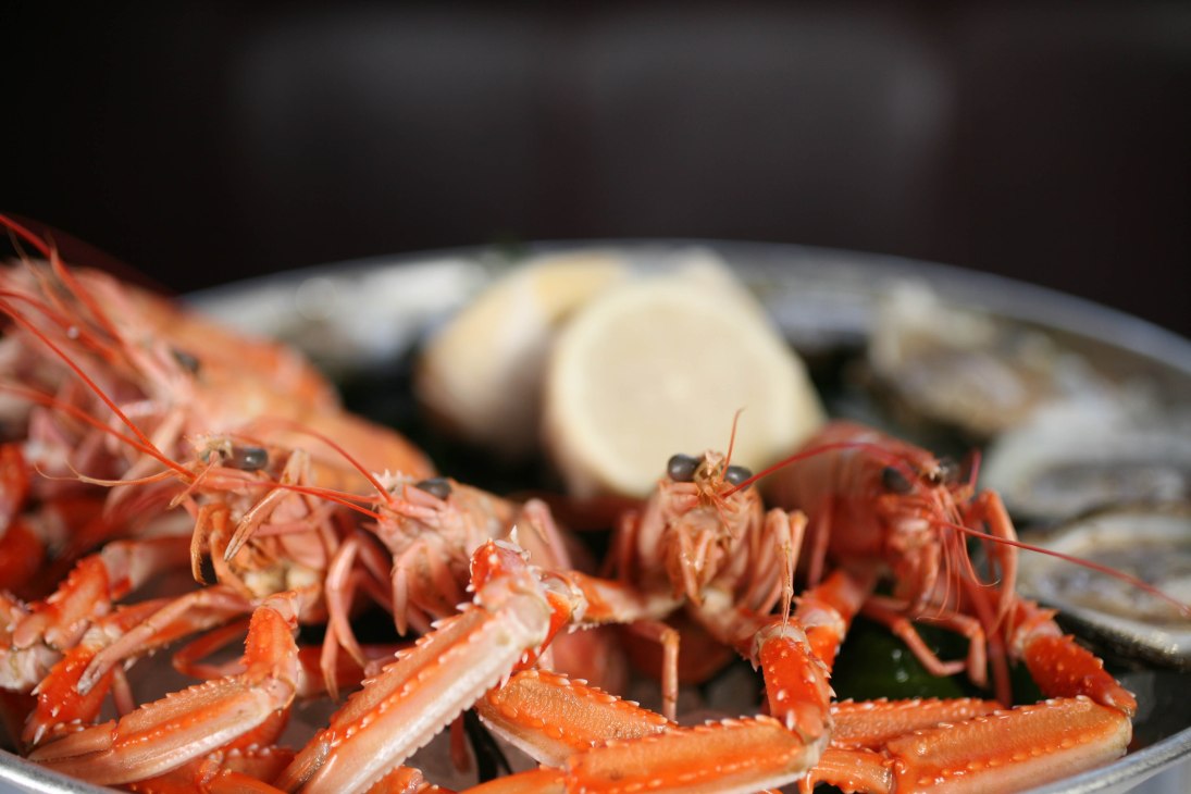 Fresh red langoustines on a plate with oysters and butter in soft focus behind.