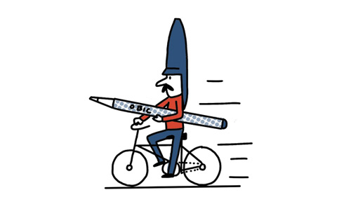 Illustration of a person riding a bicycle while holding a giant Bic pen.