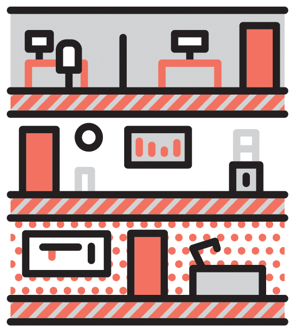 Illustration of a multi-level shophouse building with retail on ground floor and offices above.