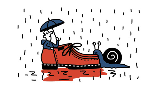 Illustration of a person in rain holding an umbrella while wearing countryside outdoor clothing and boots.