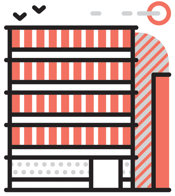 Illustration of a multi-story building with striped facade and industrial architecture elements.