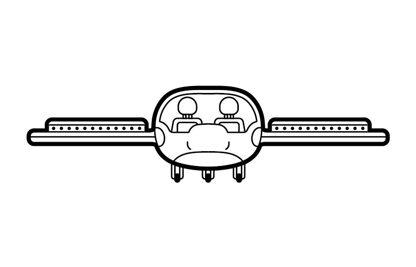 Line drawing of Lilium's Air Taxi with two-seater cabin, tilting propellers on wings, and landing gear.