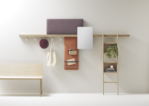 Zutik adjustable shelf system with oak beam, shelves, mirrors, and coat racks by Alki.
