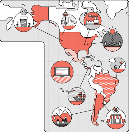Illustrated map of the Americas showing icons representing different industries and business opportunities across North, Central and South America.