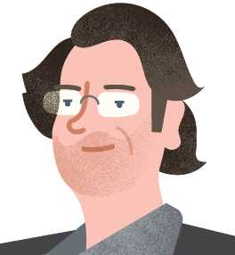 Illustration of Andrew Mueller, a man with shoulder-length dark hair and glasses.