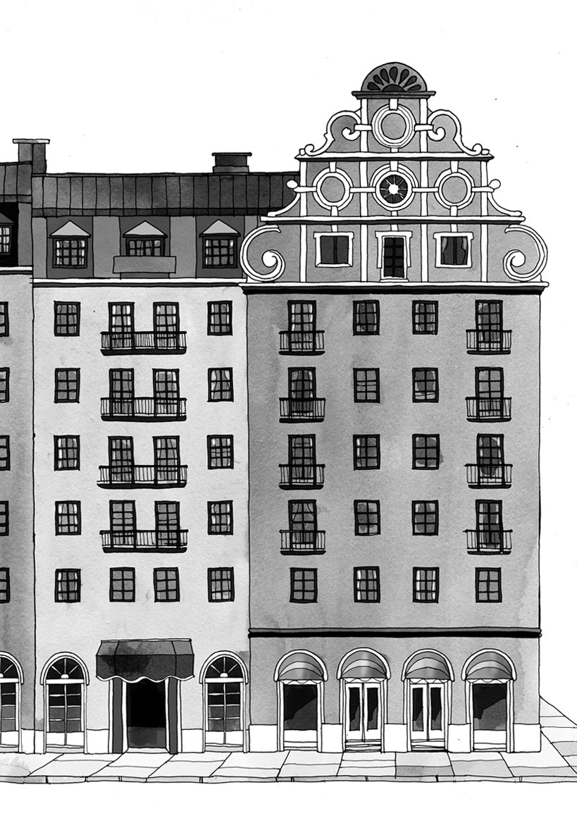 Black and white illustration of a multi-story Stockholm building with ornamental roofline and balconies.