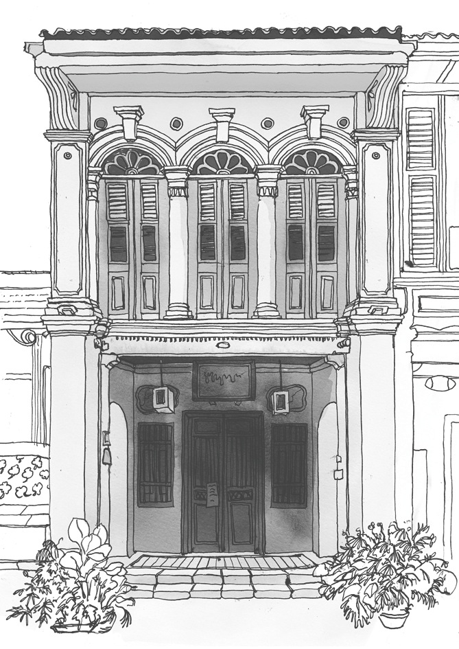 Line drawing of a George Town shop-house facade showing Straits Eclectic architecture with decorative arches and shuttered windows.