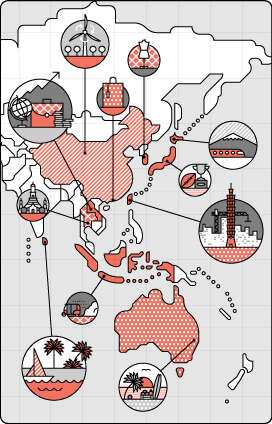 Illustrated map of Asia and Australasia showing regional icons representing different markets and industries.