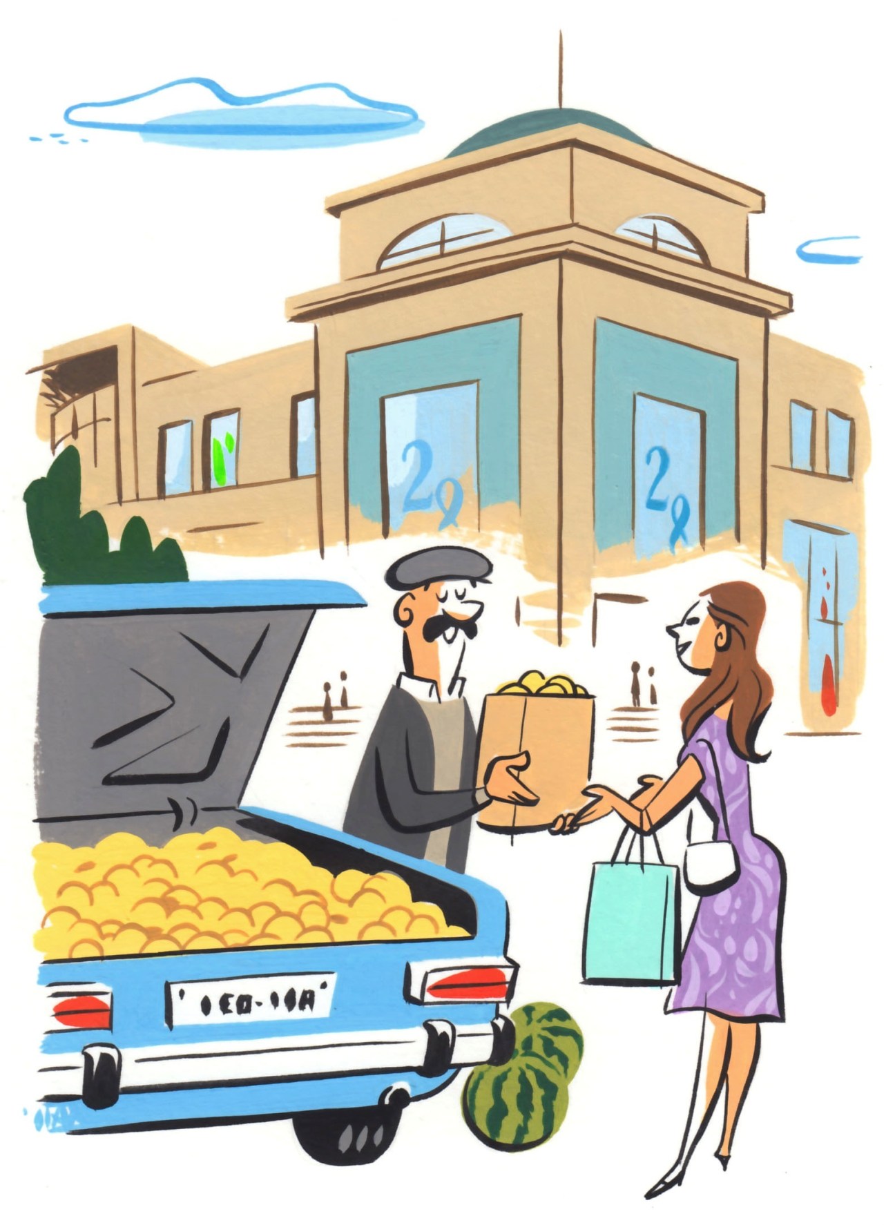 Illustration of a woman shopping outside a storefront while a vendor sells fresh produce from a cart.
