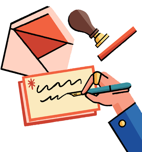 Illustration of stationery items including envelopes, a stamp, pen, and hand writing on paper.
