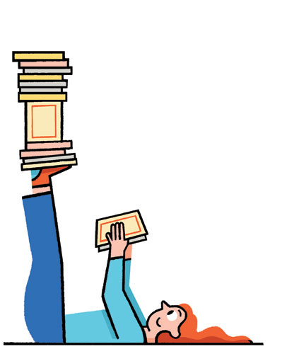 Illustration of a person lying down holding books with a tall stack of books above them.