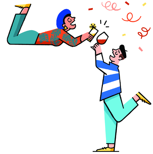 Illustration of two people celebrating with champagne and confetti.