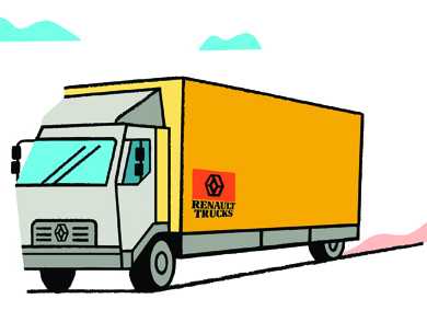 Illustration of a Renault Trucks delivery vehicle with yellow cargo box and white cab.