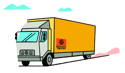 Illustration of a Renault Trucks delivery vehicle with yellow cargo box and white cab.