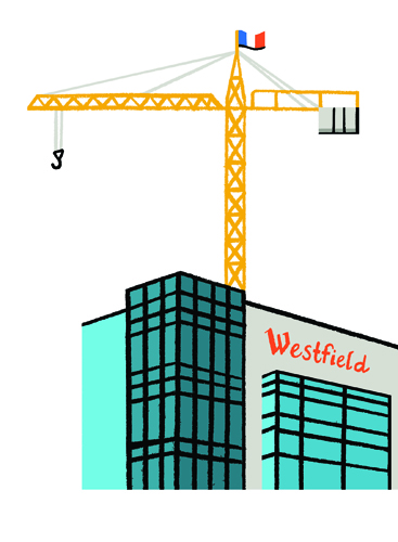 Illustration of a construction crane above modern buildings with Westfield branding.