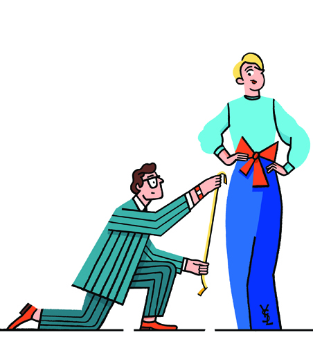 Illustration of a tailor kneeling and measuring a model wearing a blue dress with red bow.
