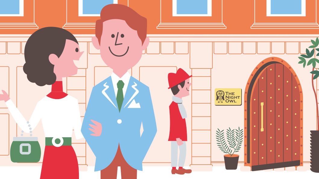 Illustration of three people standing outside The Night Owl bar entrance with a red arched door and brick facade.