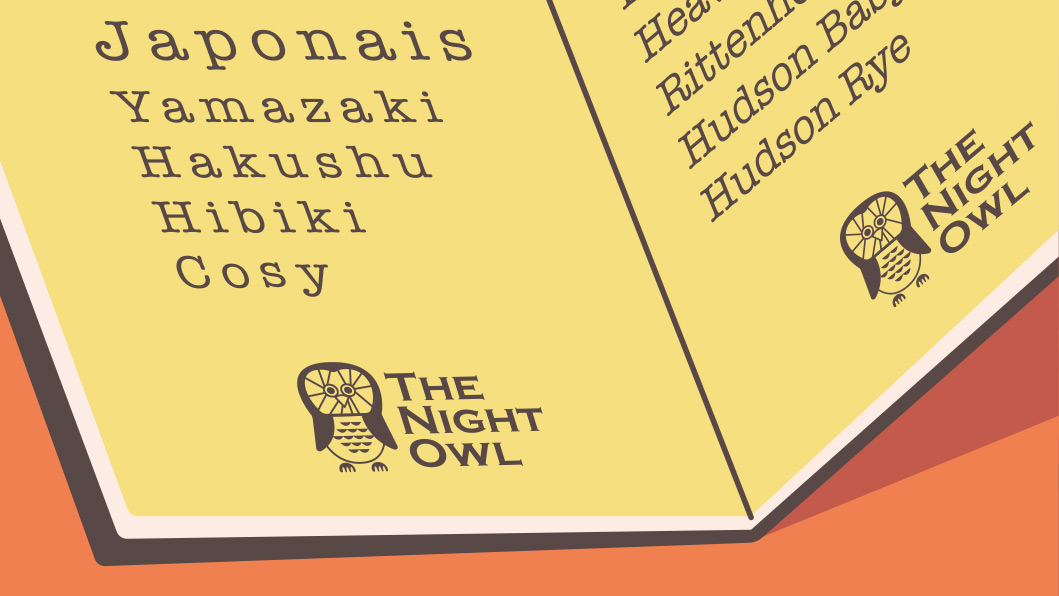 The Night Owl bar menu illustration showing cocktail names on a yellow background with owl logo.