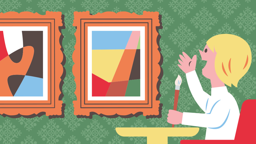 Illustration of a person with blonde hair admiring framed abstract artwork on a green patterned wall.