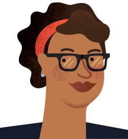 Illustration of a woman with dark curly hair, glasses, and a red headband.
