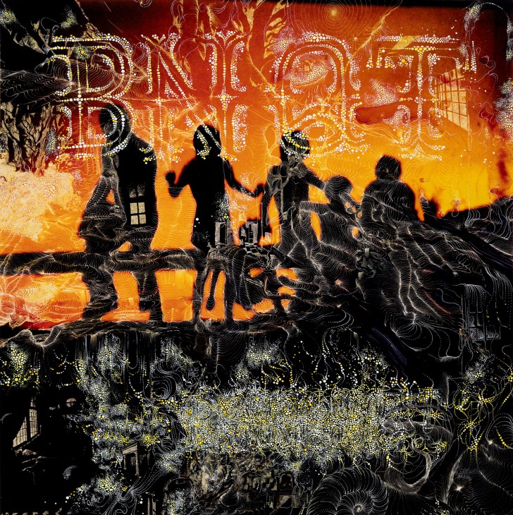 Album artwork for BNQT's Volume 1 featuring silhouetted figures against fiery orange and golden backdrop with ornate text.