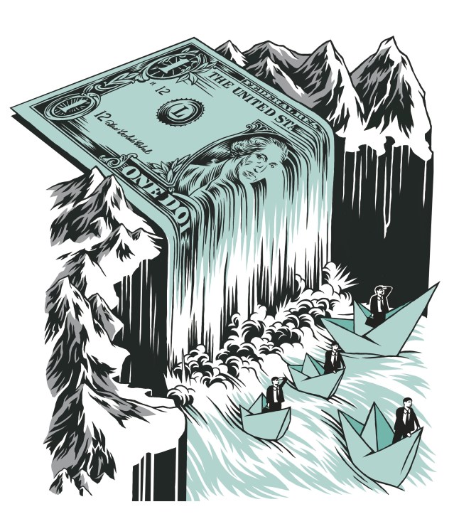 Illustration of a dollar bill waterfall with businessmen in paper boats navigating turbulent waters below snowy mountains.
