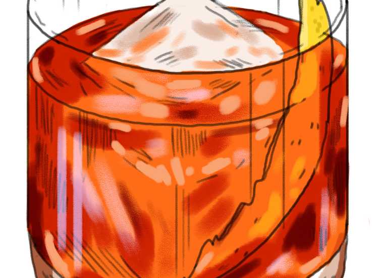 Illustration of a Boulevardier cocktail in a tumbler with ice and orange twist garnish.