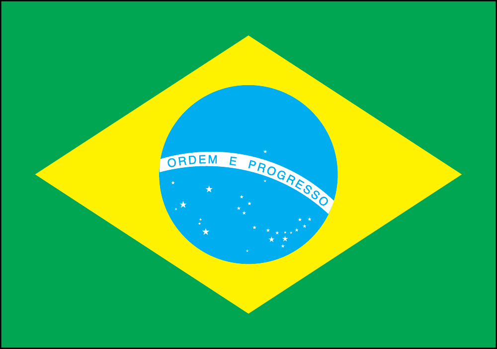 Brazilian flag featuring green background, yellow diamond, and blue circle with white band