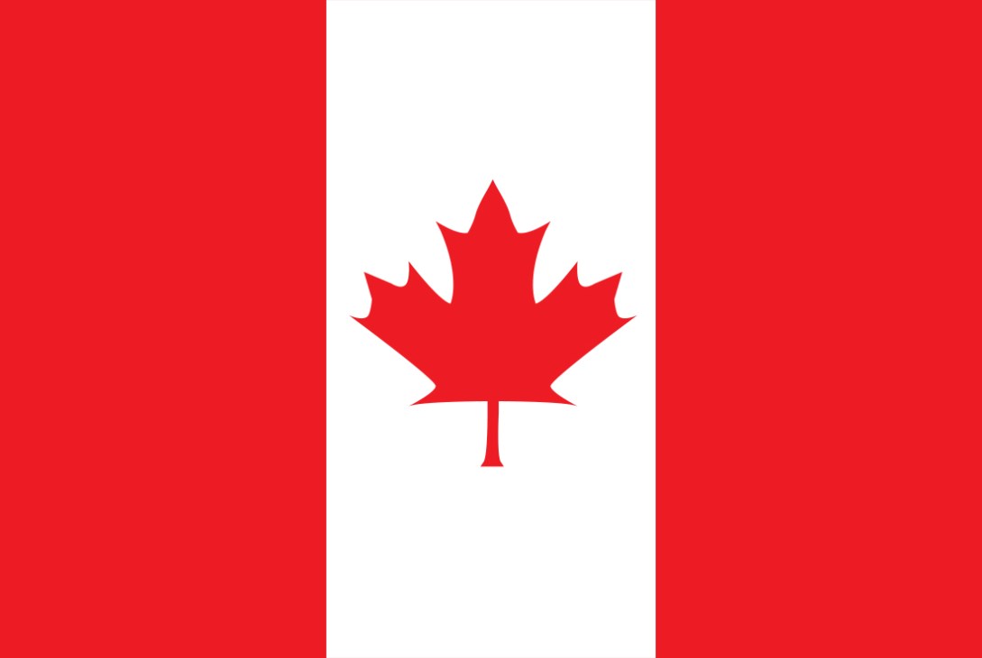 Canadian flag with red maple leaf on white background between red bands.