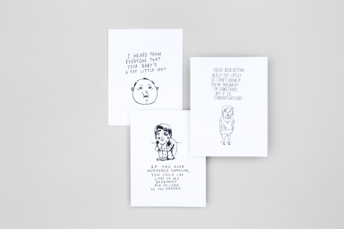 Three greeting cards with humorous illustrations and text by Mountain vs Plains featuring hand-drawn figures and dark comedy messages.