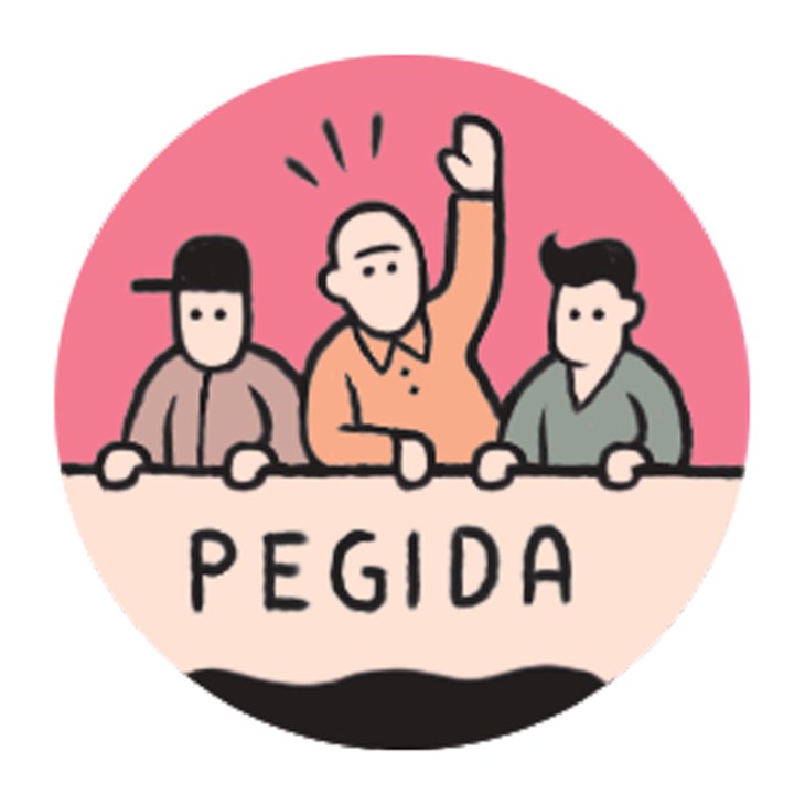 Illustration of three stylized figures with raised fist against pink background labeled PEGIDA