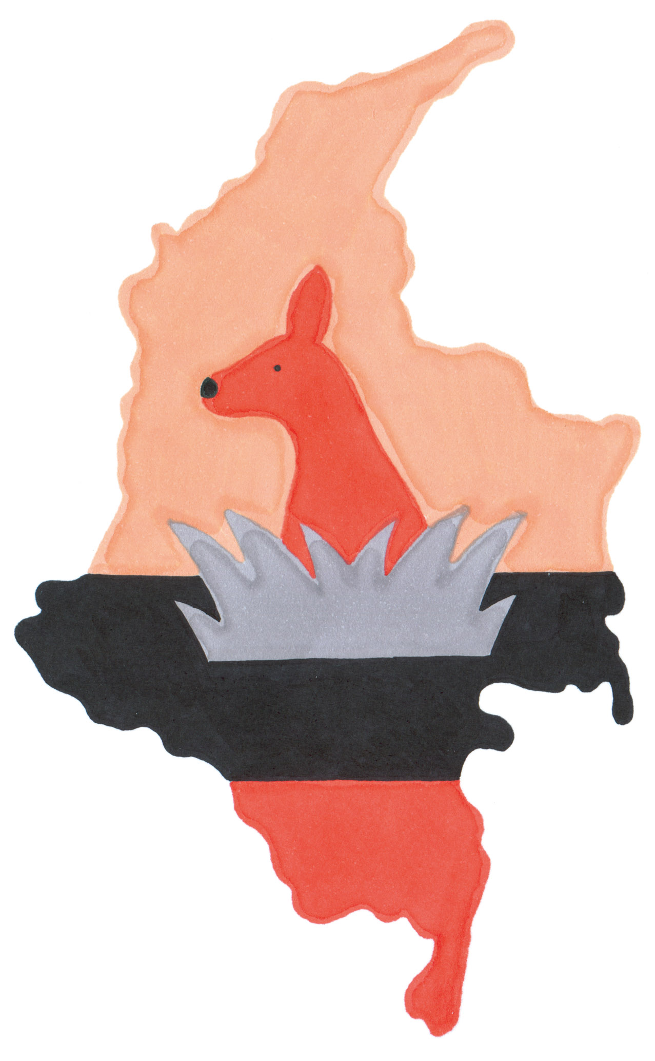Illustrated map of Colombia with red deer and blue flames against peach and black colors.