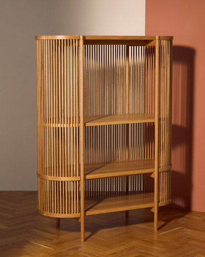 Wooden cabinet with spring-loaded slats forming a cased structure with three shelves and timber base.