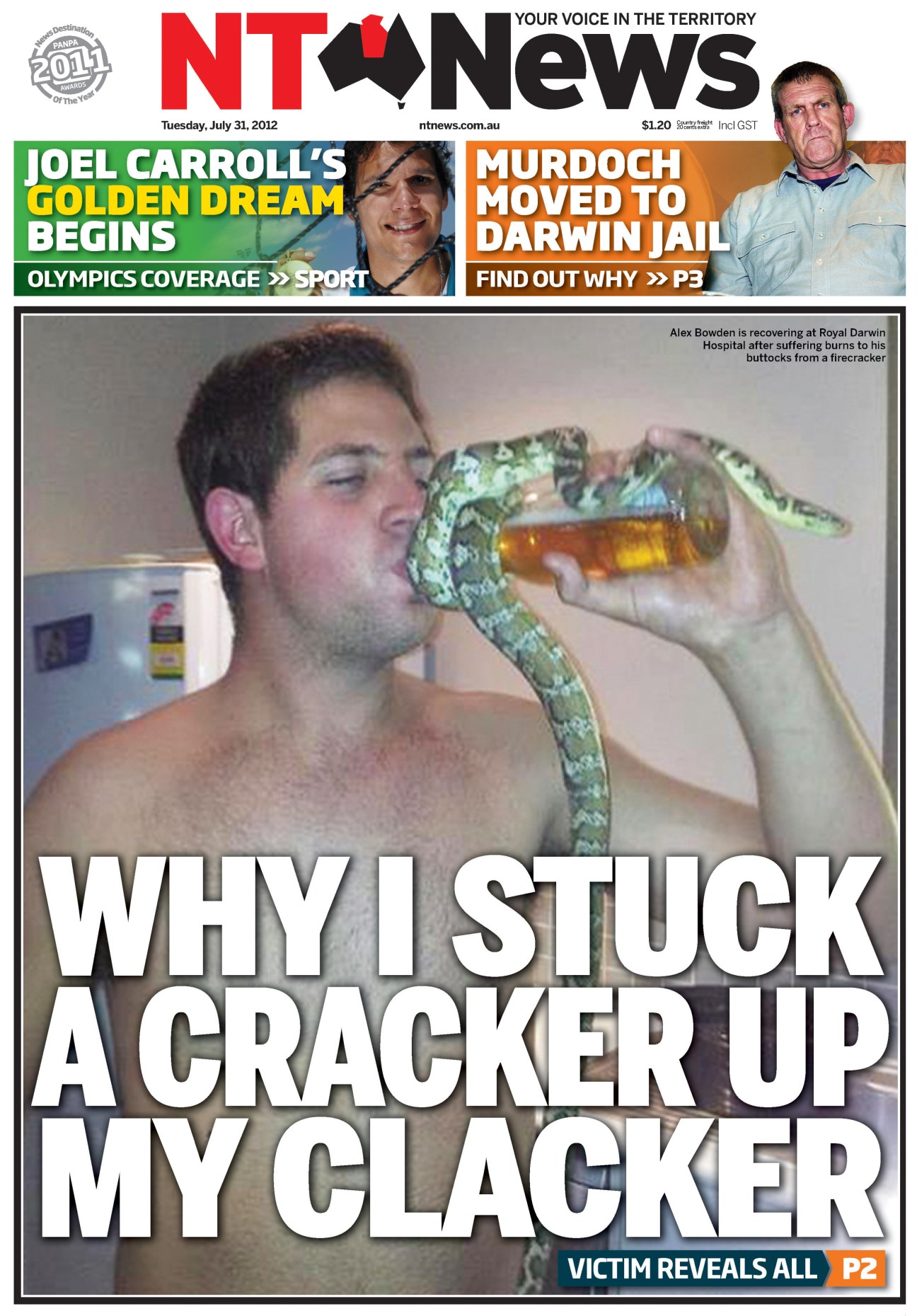 Man drinking from a beer bottle with a snake wrapped around his neck and arm.