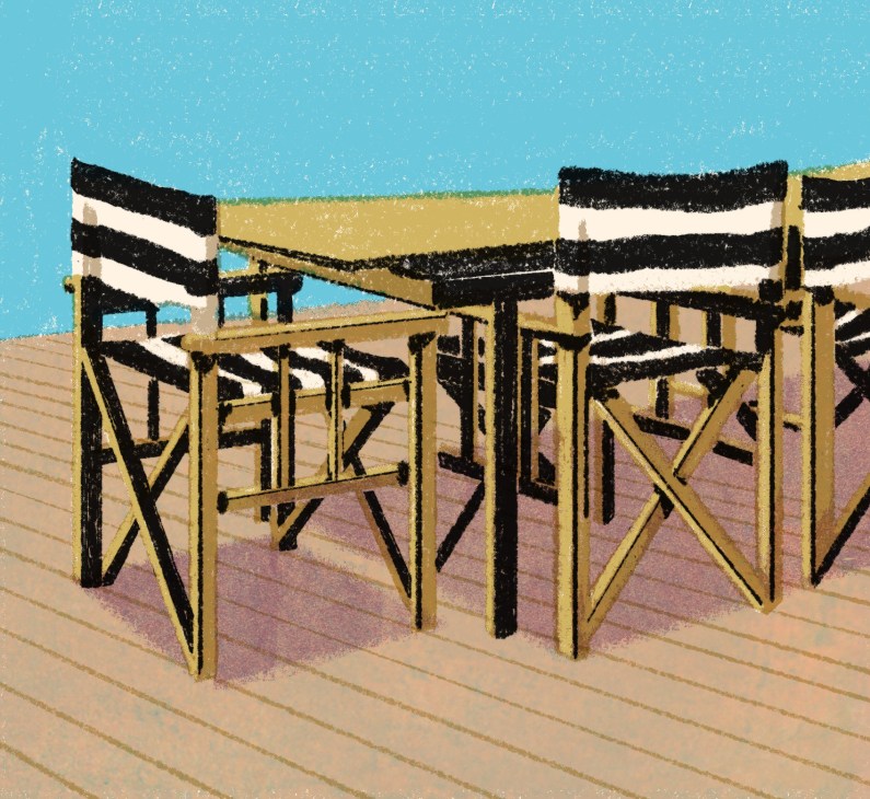 Lona striped director's deck chairs with black and white canvas seats on wooden frame