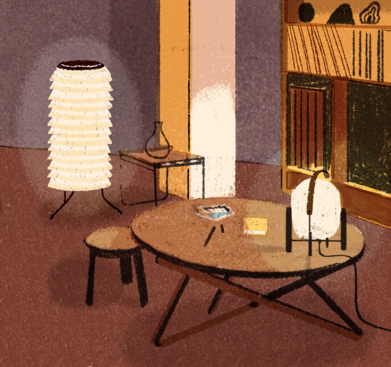 Mid-century modern living room illustration with pendant lamp, round coffee table, and built-in shelving
