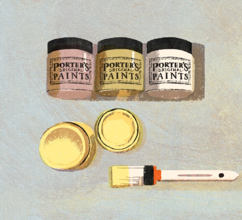 Three Porter's Paints containers in pink, yellow, and white with two open paint pots and a brush