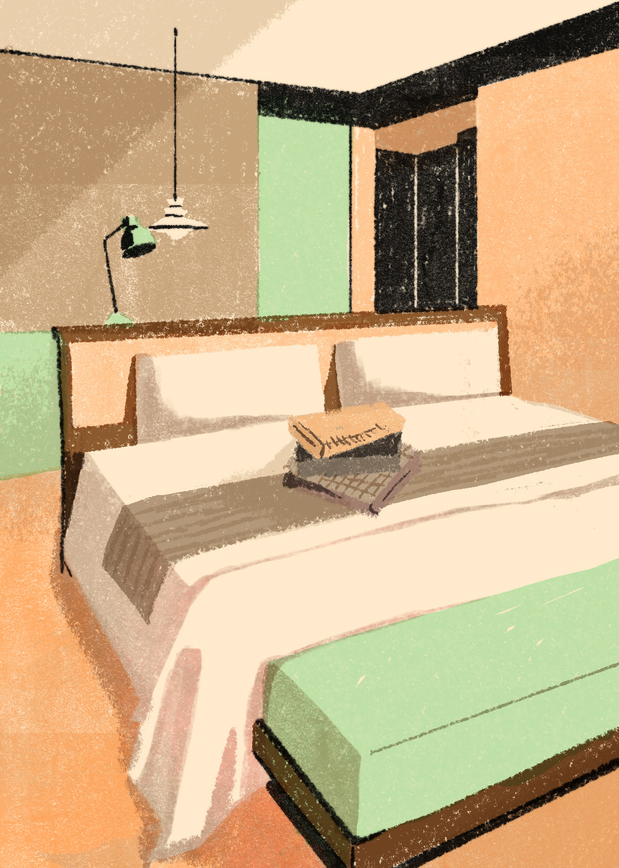 Stylized illustration of modern hotel bedroom with geometric bedding and pendant lighting in warm color palette