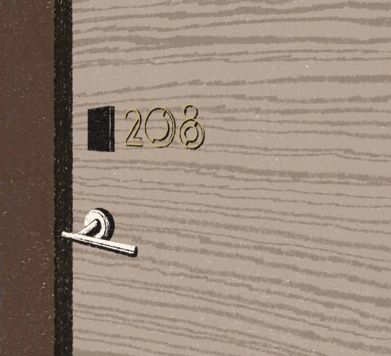 Close-up of gold number 208 and door handle on textured beige hotel room door