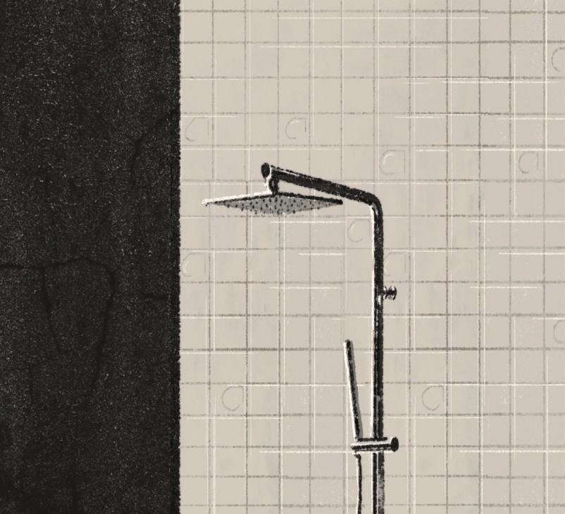 Black minimalist shower fixture with overhead rainshower and handheld attachment against white tiled bathroom wall